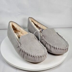 Floopi Womens Grey Moccasin Slippers Faux Fur Lined House Shoes Size 9 Style 323